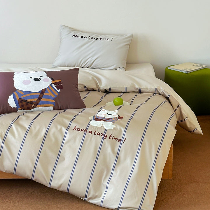 Children's bedding set with embroidered bear motif & fine stripe texture