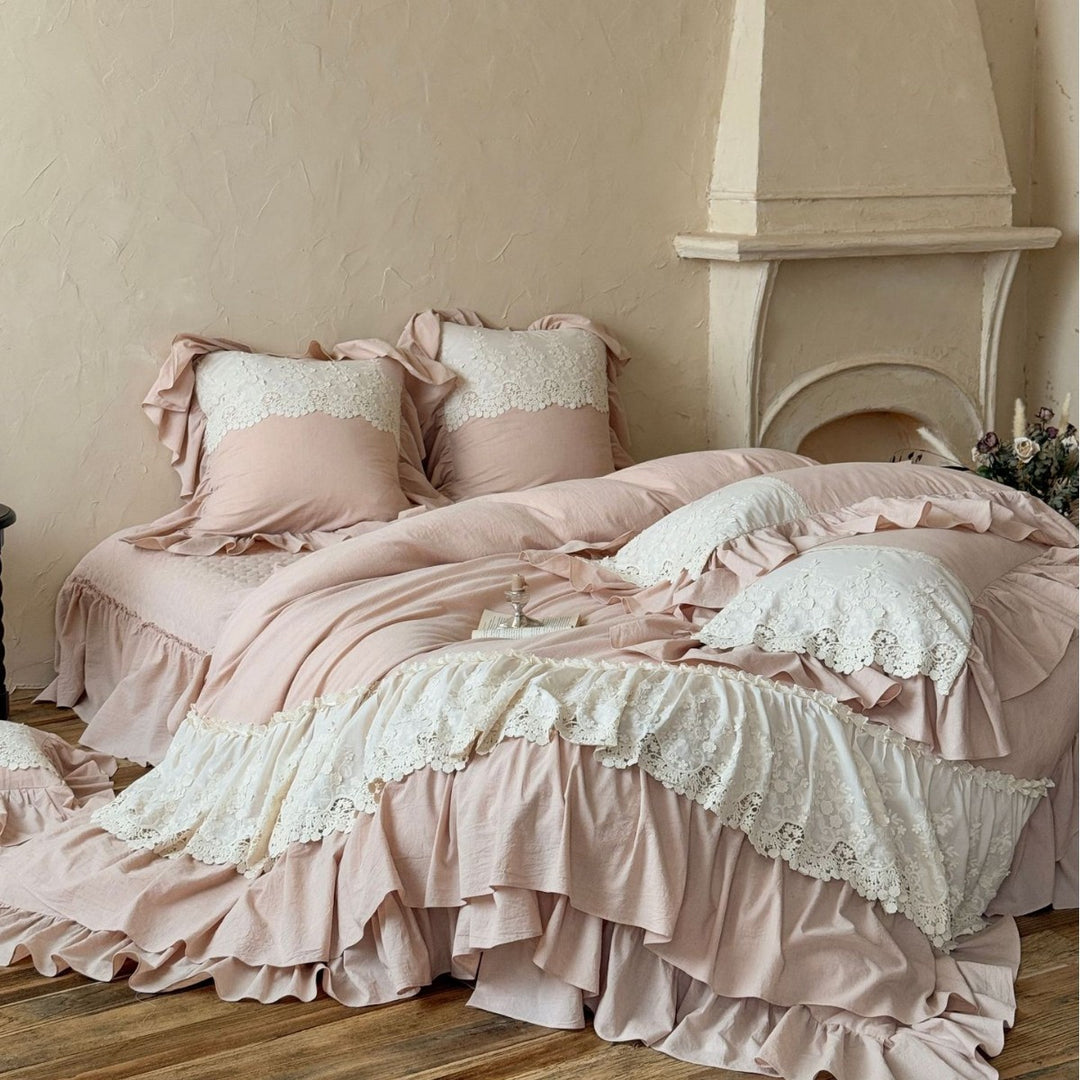 Ruffled Lace-Trim Duvet Cover Bedding Set with Decorative Pillow Shams