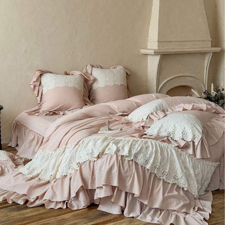 Ruffled Lace-Trim Duvet Cover Bedding Set with Decorative Pillow Shams