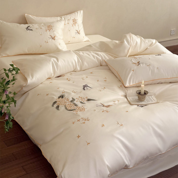Silky Sateen Embroidered Botanical & Butterfly Duvet Cover Set with Piped Shams