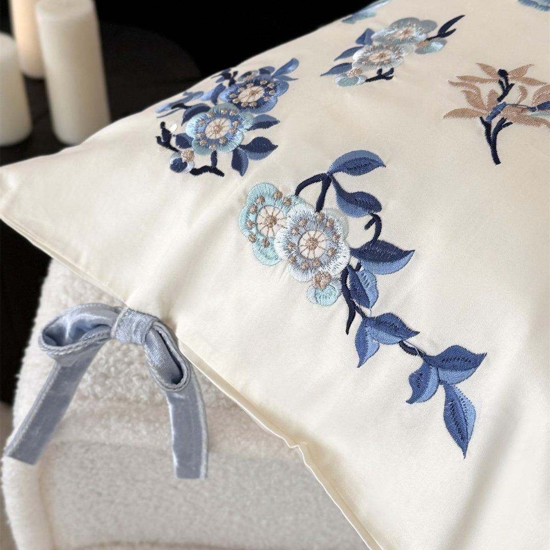 Embroidered Floral Cotton Sateen Duvet Cover Set with Tie Closures