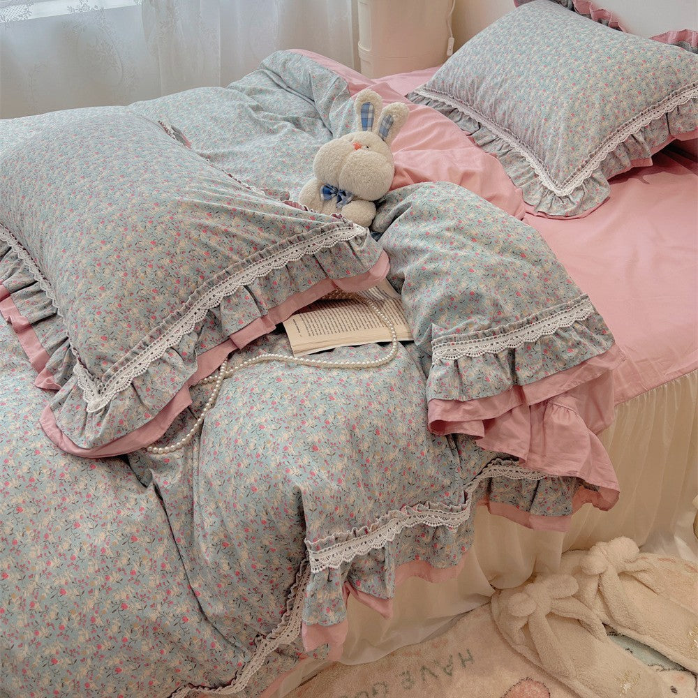 Ruffled Floral Lace-Trim Duvet Cover Set with Pillow Shams