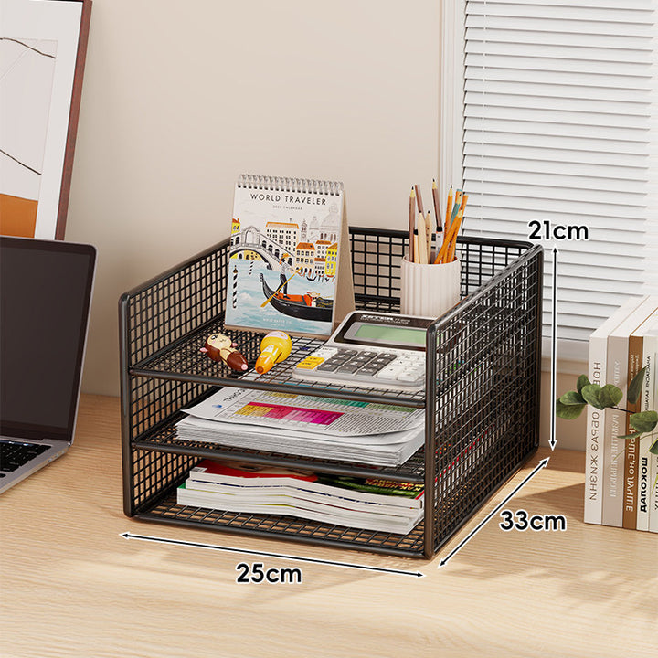 Ventilated Mesh Three-Tier Desktop Document and Magazine Organizer Rack