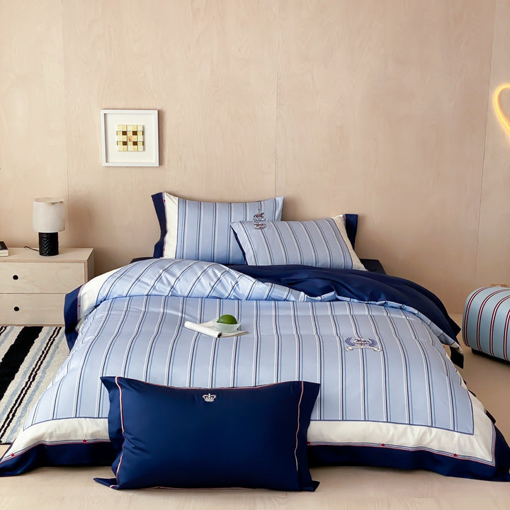 Striped Cotton-Sateen Duvet Cover Set with Embroidered Crest & Reversible Border