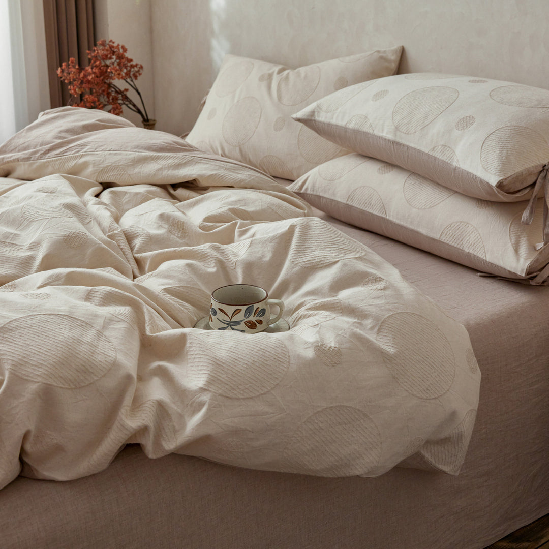 Reversible Washed Cotton-Linen Textured Duvet Cover Set with Tie-Closure Pillow Shams