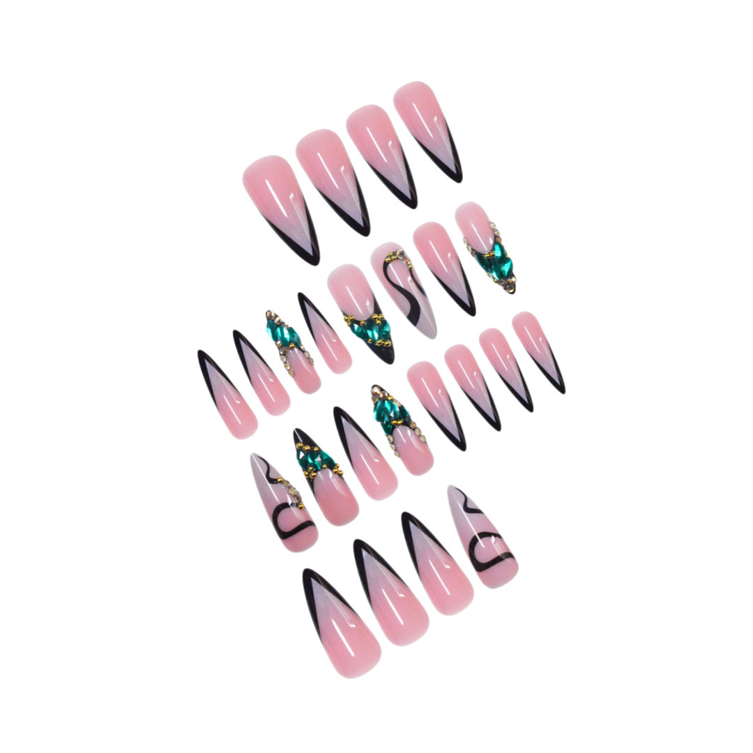 Artistic Stiletto Press-On Nail Art with Gemstone Accents Stornfield