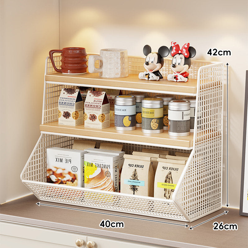 Compact Mesh Countertop Pantry Organizer with Two Wooden Shelves and Deep Front Basket