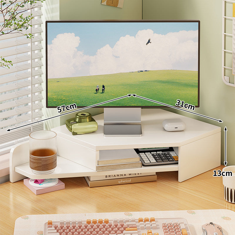 Corner Wooden Monitor Riser with Dual-Tier Storage Shelf