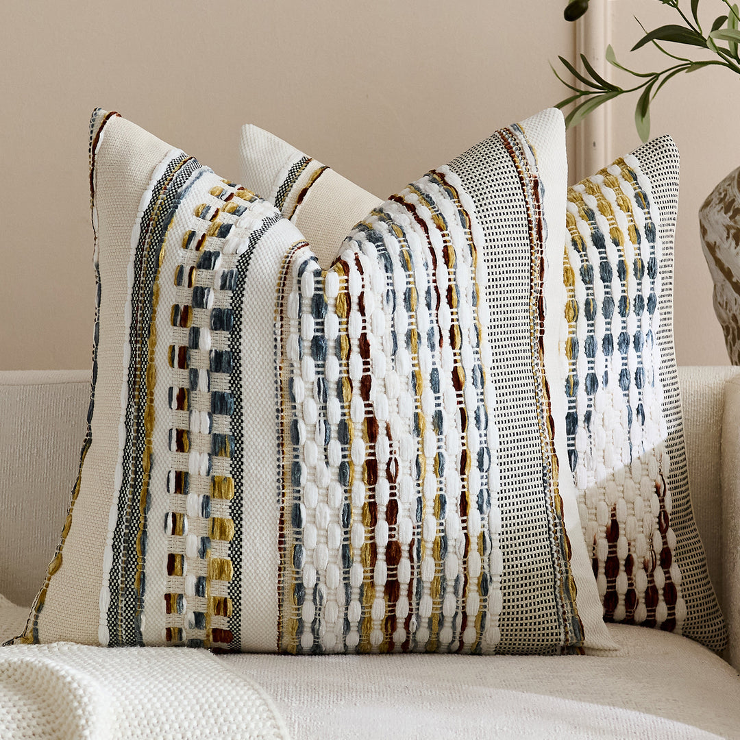 Handwoven Textured Square Throw Pillow Cover with Tufted Loop Stripes