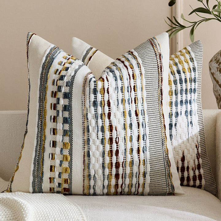 Handwoven Textured Square Throw Pillow Cover with Tufted Loop Stripes
