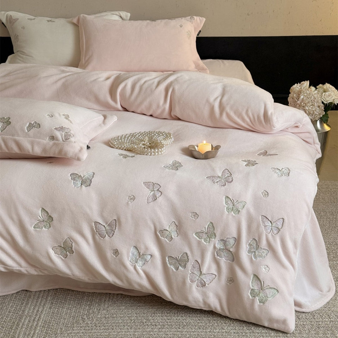 Embroidered Butterfly Plush Microfiber Duvet Cover Set