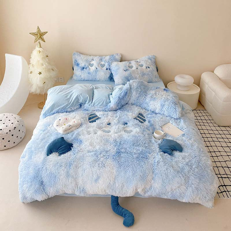Plush bedding set with 3D monster appliqués and soft fleece