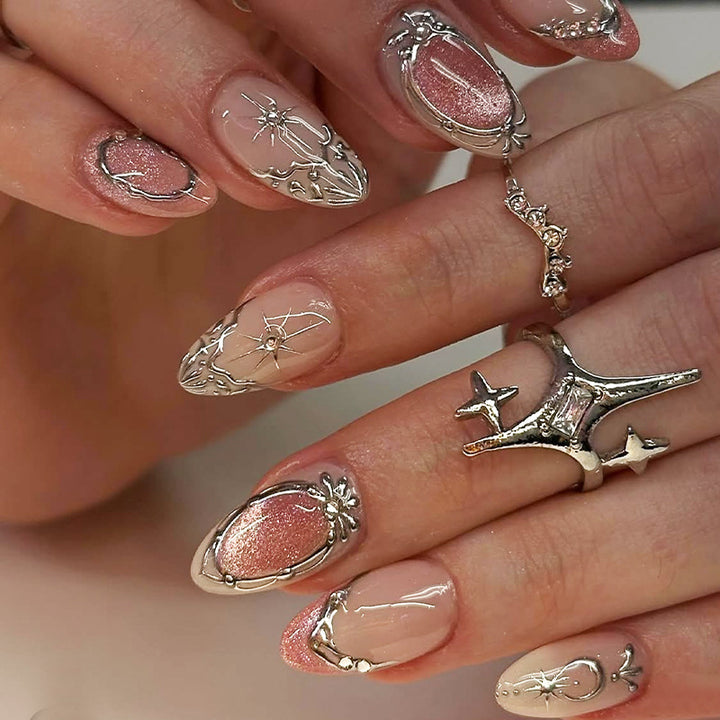 Artificial nail set with glamorous floral and metallic accents Stornfield
