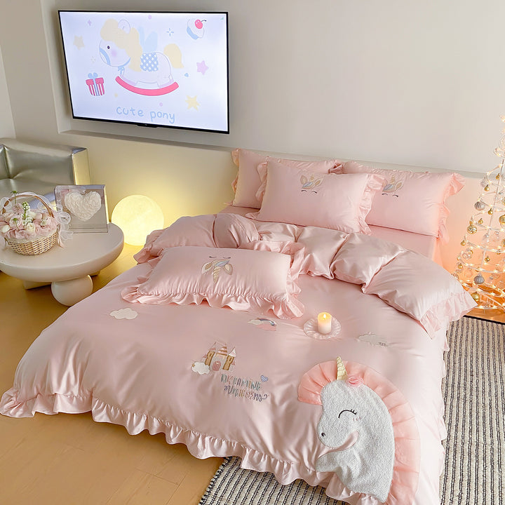 Unicorn Embroidered Ruffle Satin Duvet Cover Set