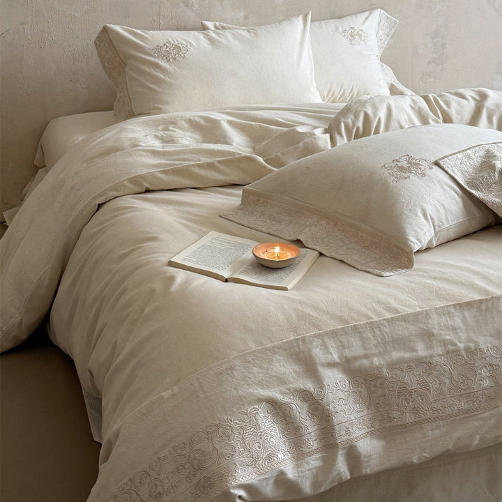Artisan Washed Linen Duvet Cover Set with Hand‑stitched Baroque Embroidery