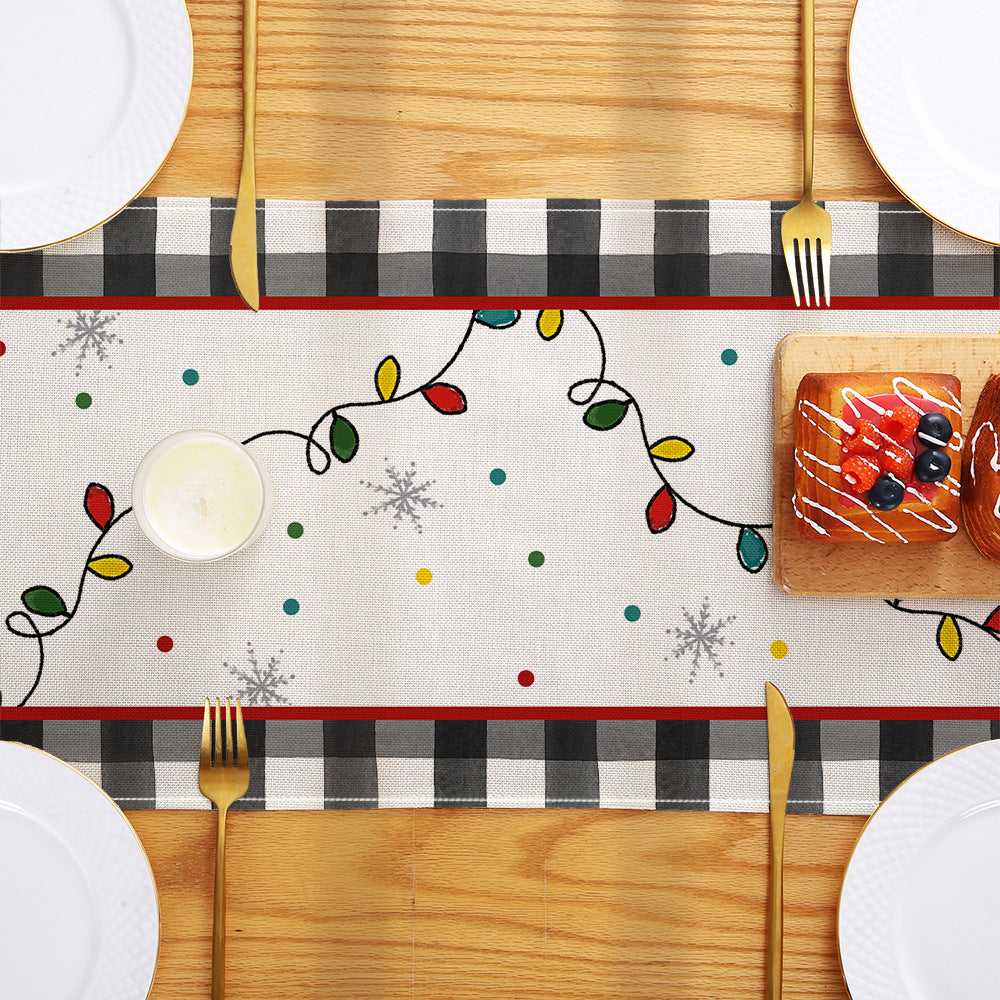 Festive Buffalo Check Cotton-Linen Table Runner with Merry Christmas Pine Design