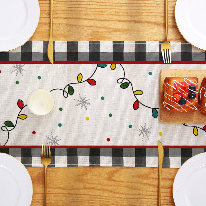 Festive Buffalo Check Cotton-Linen Table Runner with Merry Christmas Pine Design