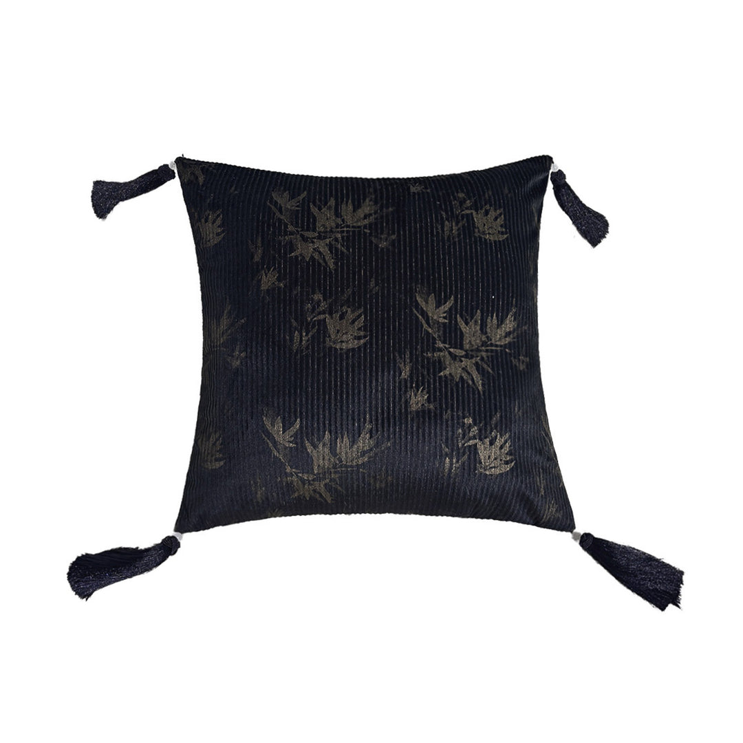 Square decorative cushion made of velvet with relief longitudinal stripes and fringe tassel Stornfield