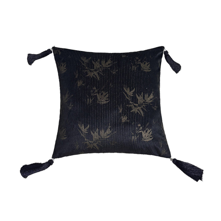 Square decorative cushion made of velvet with relief longitudinal stripes and fringe tassel Stornfield