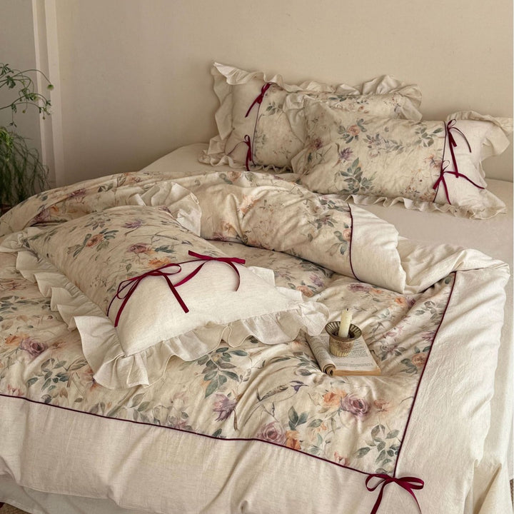 Romantic Floral Cotton-Linen Duvet Cover Set with Ruffled Shams & Ribbon Ties