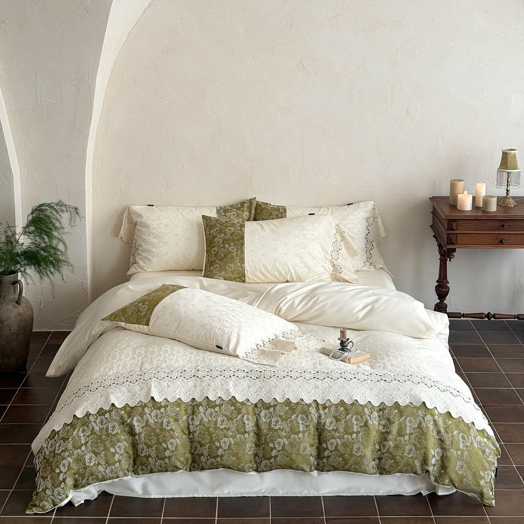 Floral Lace-Trim Cotton Sateen Duvet Cover Set