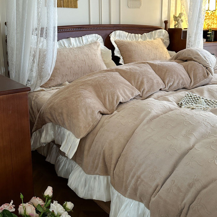 Embroidered Plush Velvet Ruffled Duvet Cover Set with Pleated Skirt