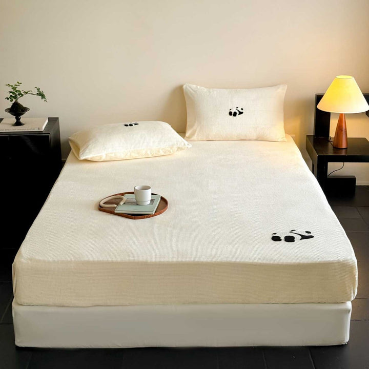 Corduroy Textured Fitted Bed Sheet and Pillowcase Set with Embroidered Panda Accents