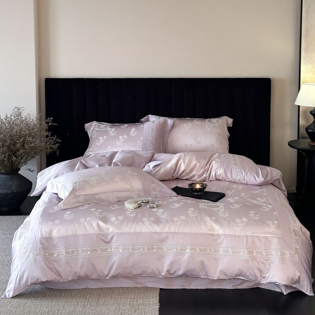 Luxury Satin Jacquard Duvet Cover and Pillowcase Set with Embroidered Border