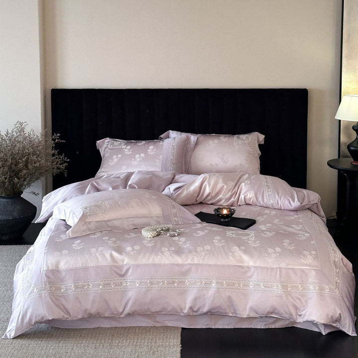 Luxury Satin Jacquard Duvet Cover and Pillowcase Set with Embroidered Border