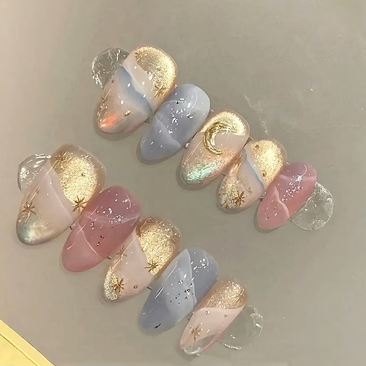 Glamorous Press-On Nail Art Set with Celestial Designs