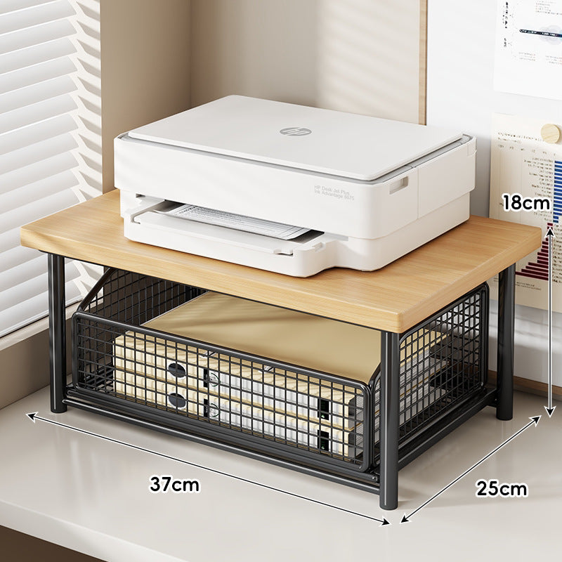 Compact Desktop Printer Stand with Wooden Top and Sliding Mesh Drawer
