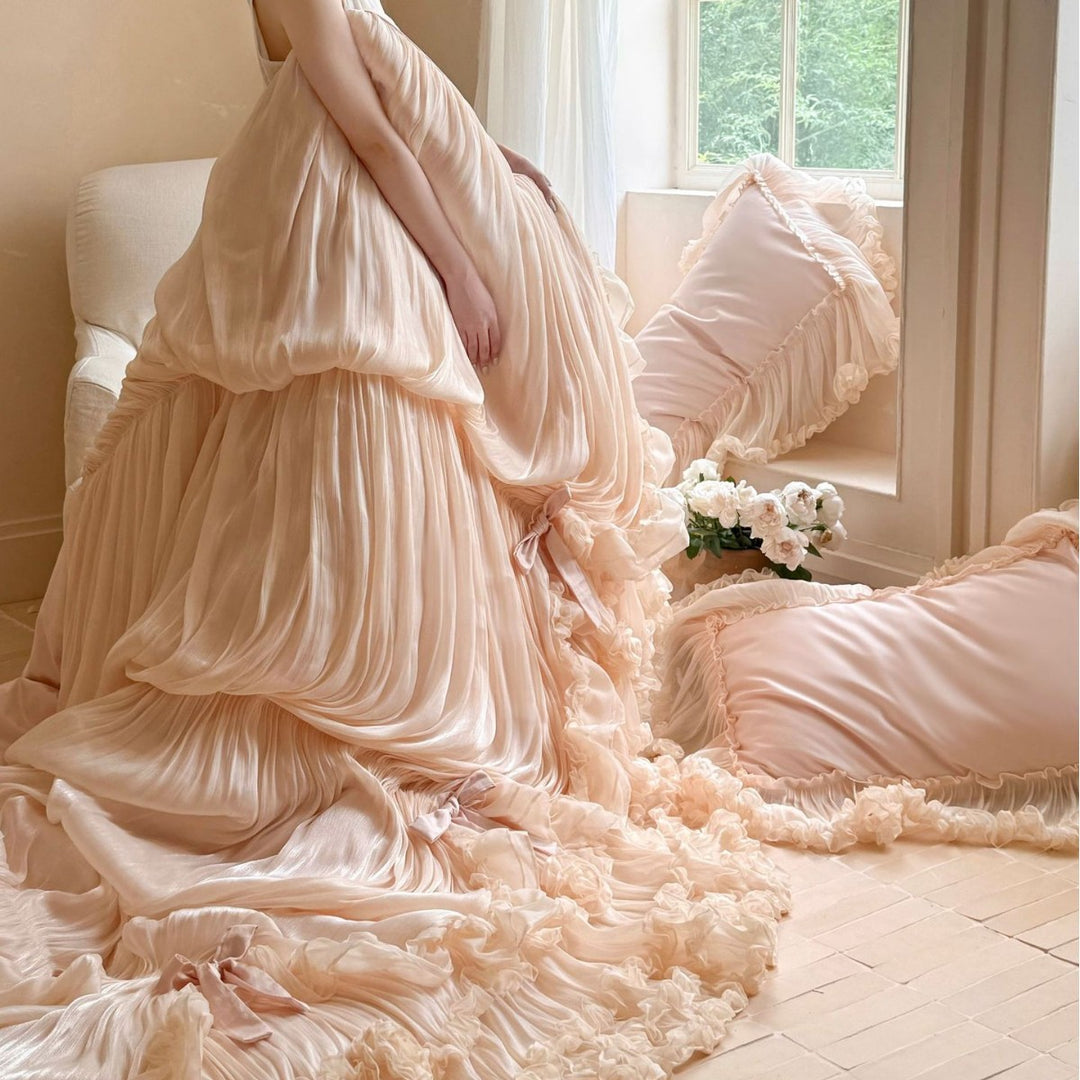 Luxury Ruched Chiffon Ruffled Duvet Cover Set with Bow & Rosette Embellishments