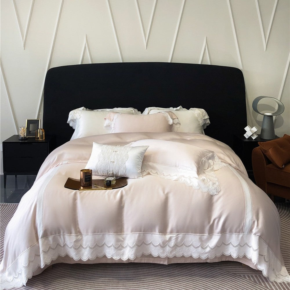 Luxurious satin bedding set with fine lace trim