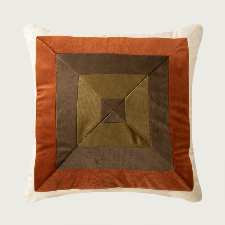 Square decorative cushion with striped velvet inlay and geometric pleated look