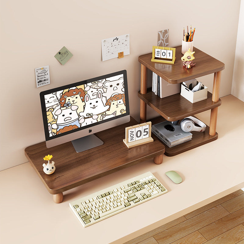 Solid Wood Monitor Riser with Tiered Desk Organizer and Cable Management