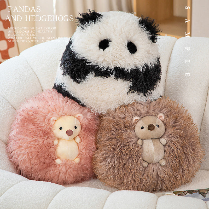 Round Curly Faux-Fur Decorative Cushion with Center Plush Hedgehog Stornfield