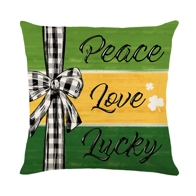Decorative Throw Pillow Cover with Buffalo Check Bow and Shamrock Peace Love Lucky Print