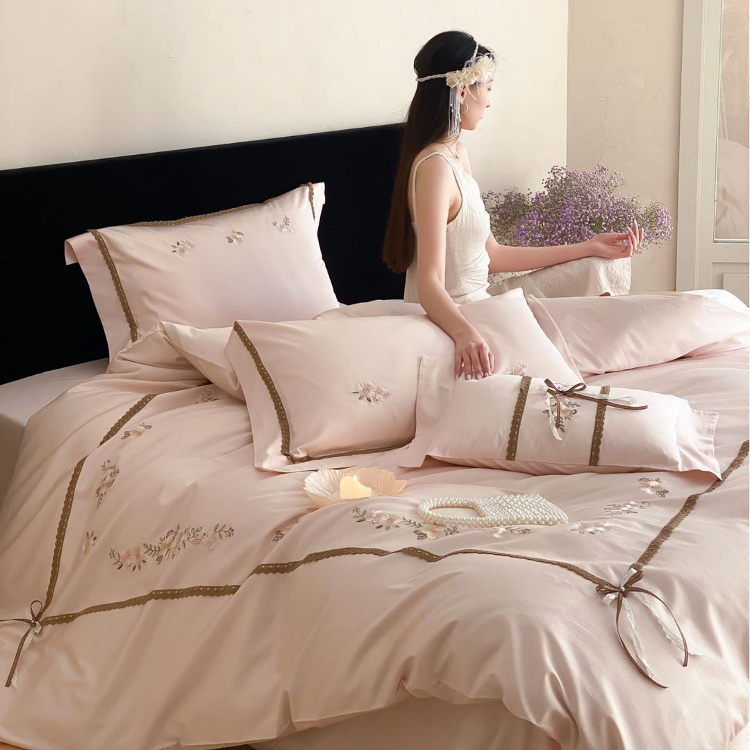 Embroidered Satin Sateen Duvet Cover Set with Lace-Trim Pillow Shams