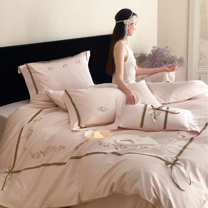 Embroidered Satin Sateen Duvet Cover Set with Lace-Trim Pillow Shams