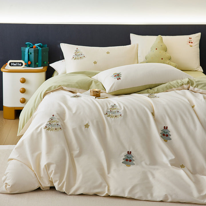 Luxurious cotton bedding set with cherry embroidery and reversible design