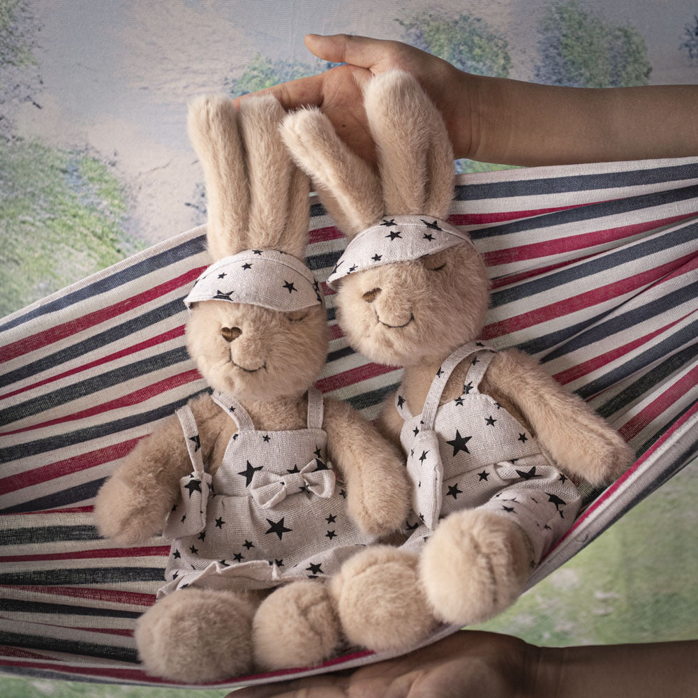Handcrafted Plush Rabbit Toy with Star-Print Linen Overalls and Visor