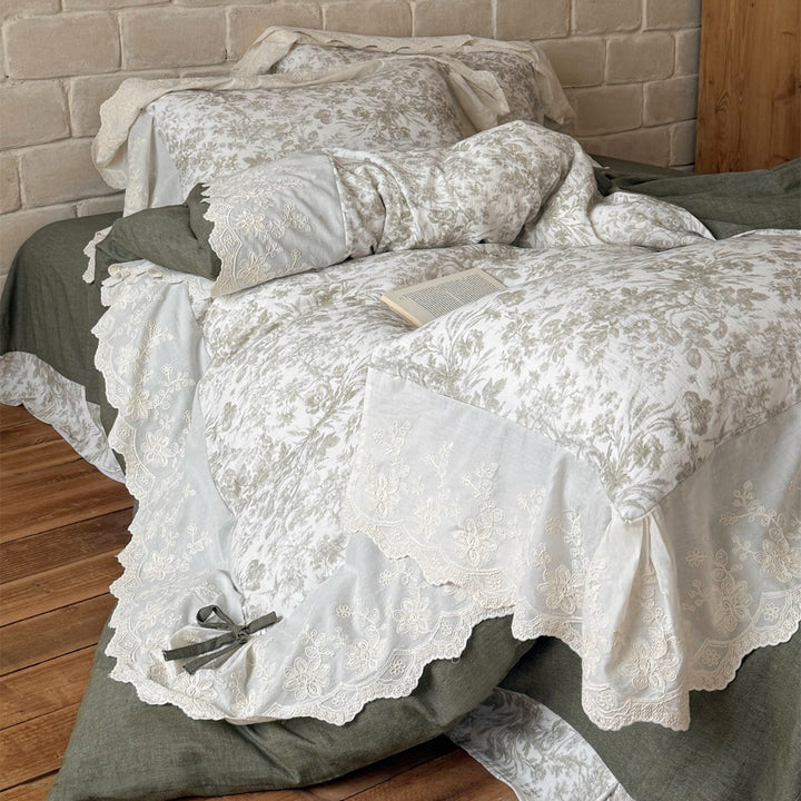 Floral Embroidered Cotton-Linen Duvet Cover Set with Lace Ruffle and Tie Closures
