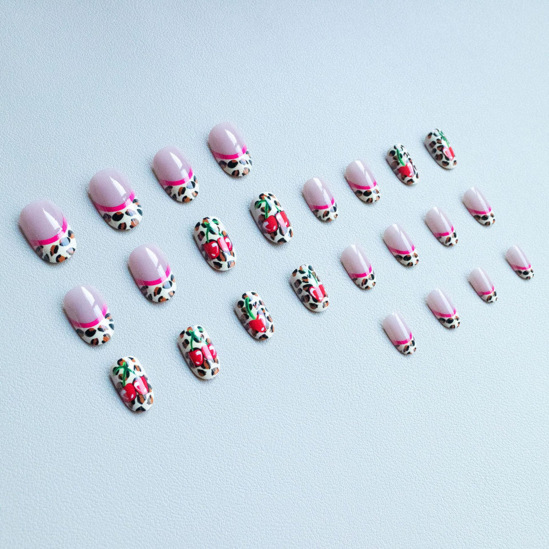 Artistic Leopard and Cherry Nail Art