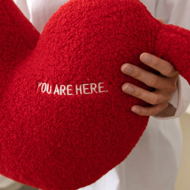 Cuddle pillow in heart shape with extra long arms made of sherpa fleece and embroidery detail