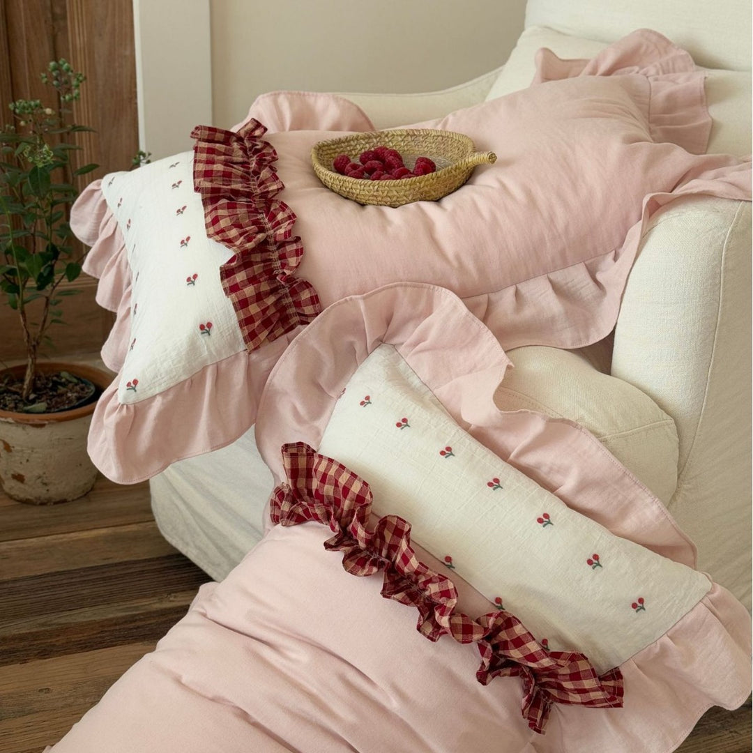 Ruffled Cotton Sateen Duvet Cover Set with Micro Floral Print and Check-Tie Trim