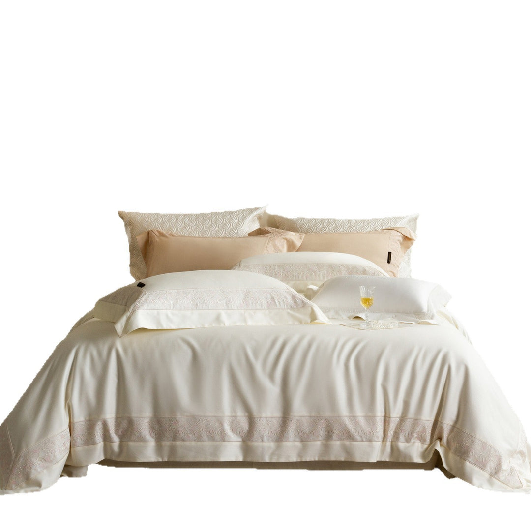 Silky Sateen Duvet Cover Set with Floral Lace Inset and Deep-Pocket Pillow Shams