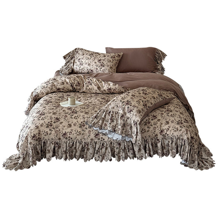 Floral Ruffled Scalloped-Edge Duvet Cover Set with Pillow Shams