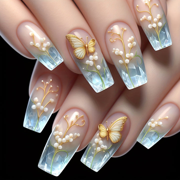Artificial nails with elegant flower and butterfly design Stornfield