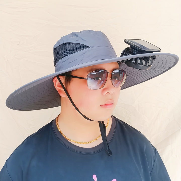 Wide-brimmed sun hat with detachable swivel solar fans and adjustable chin strap Stornfield