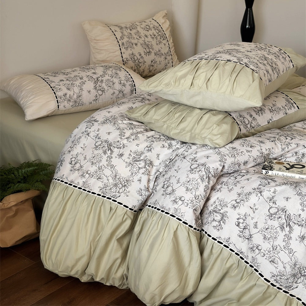 Luxury Floral Cotton Sateen Duvet Cover Set with Ruffled Pillow Shams